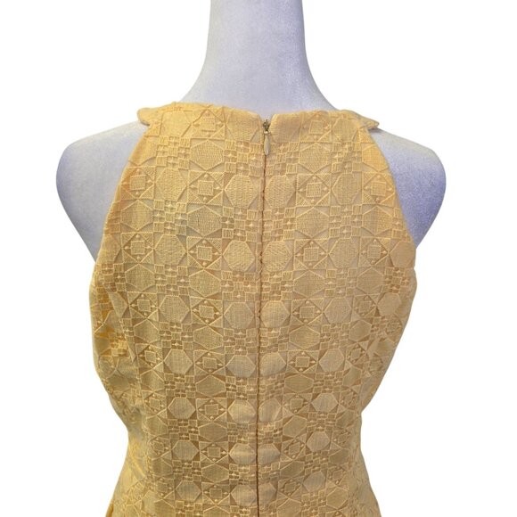 White House Black Market Yellow Geometric Lace Overlay Fit & Flare Dress Size 6 - Picture 5 of 7